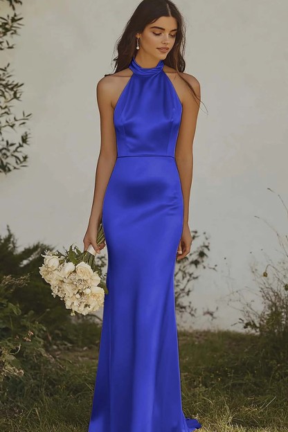 Elegant Light Yellow Sheath Halter Long Satin Bridesmaid Dress