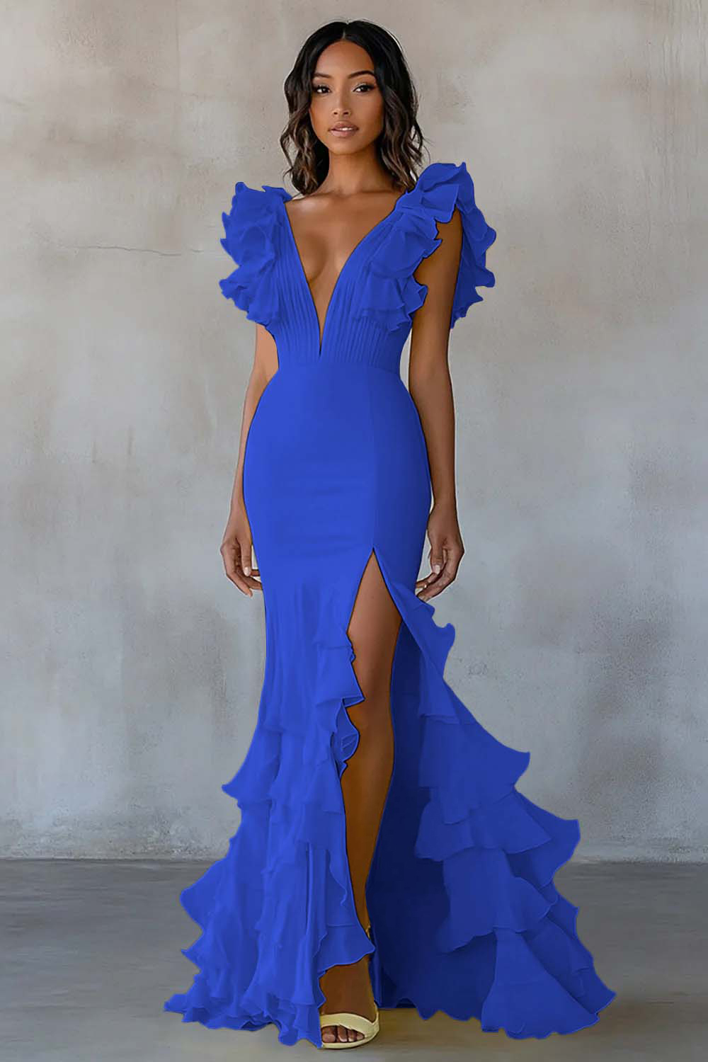 Yellow Chiffon V Neck Mermaid Ruffled Maxi Formal Dress with Slit