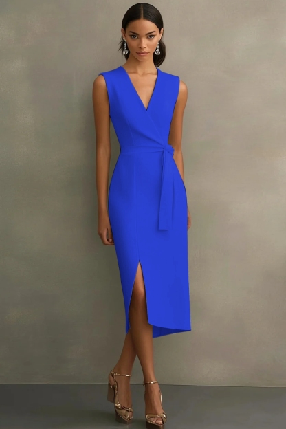 White Sheath V-Neck Tea Length Semi Formal Dress with Sash