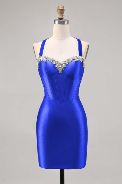 Dark Green Corset Satin Short Tight Sparkly Homecoming Dress with Beading