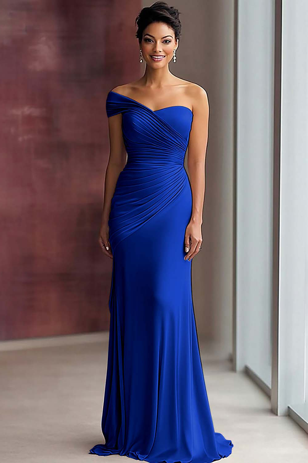 Light Khaki One Shoulder Sheath Ruched Gala Dress