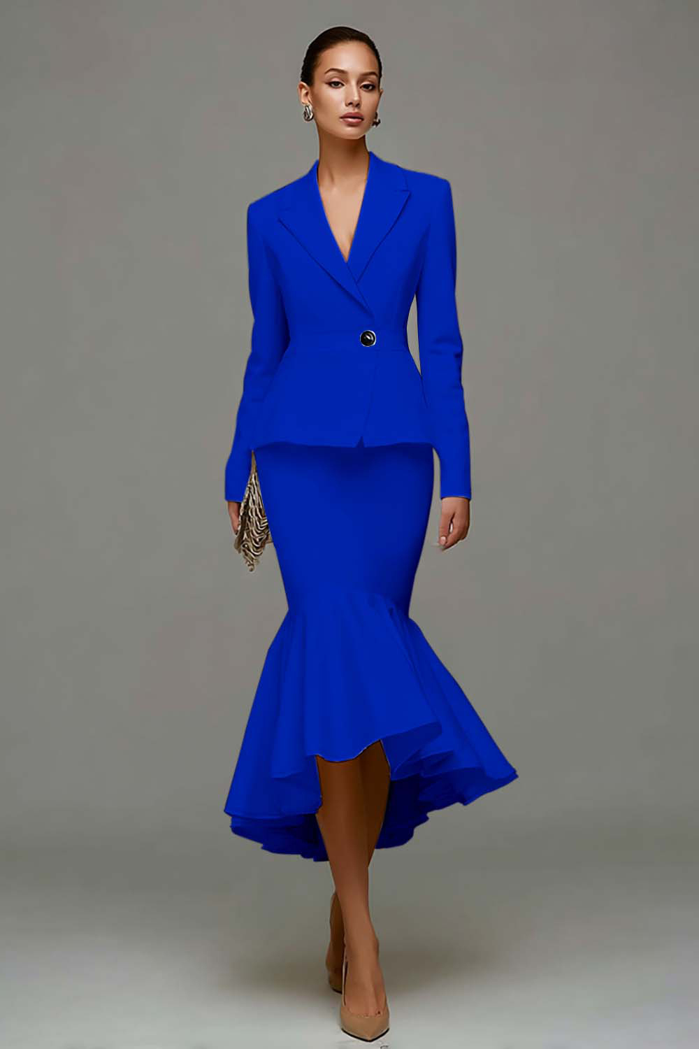 Ivory Satin Notched Lapel 2 Piece Mermaid Midi Business Suits with Ruffles