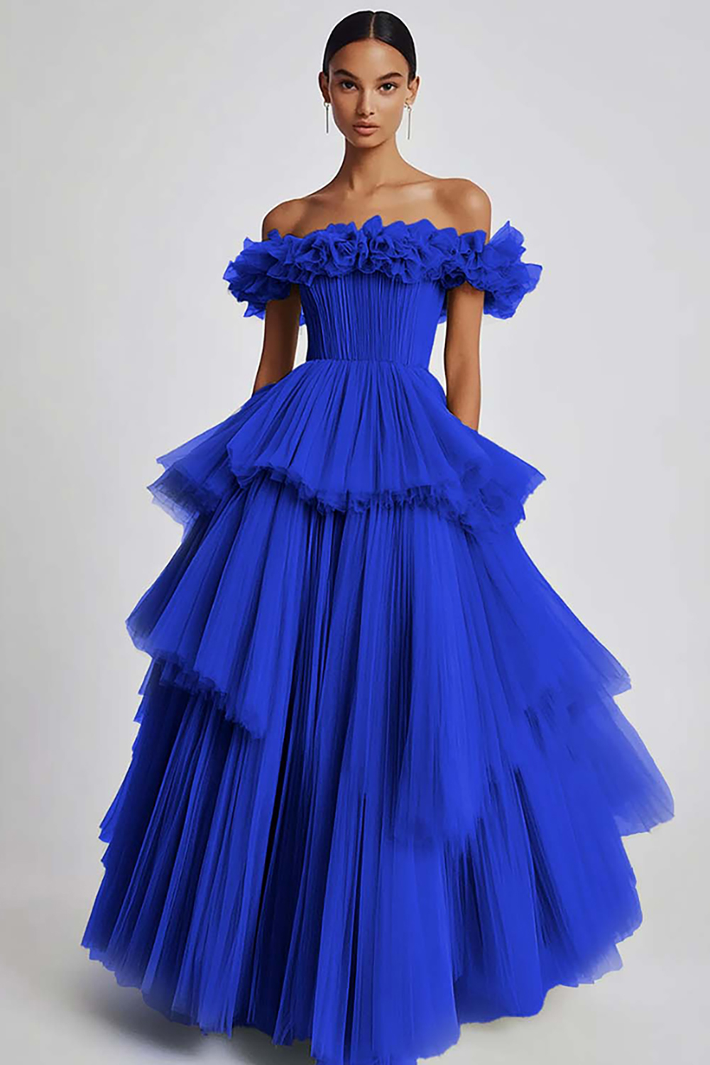 Dusty Sage Ball Gown Tulle Tiered Long Formal Dress with Ruffles