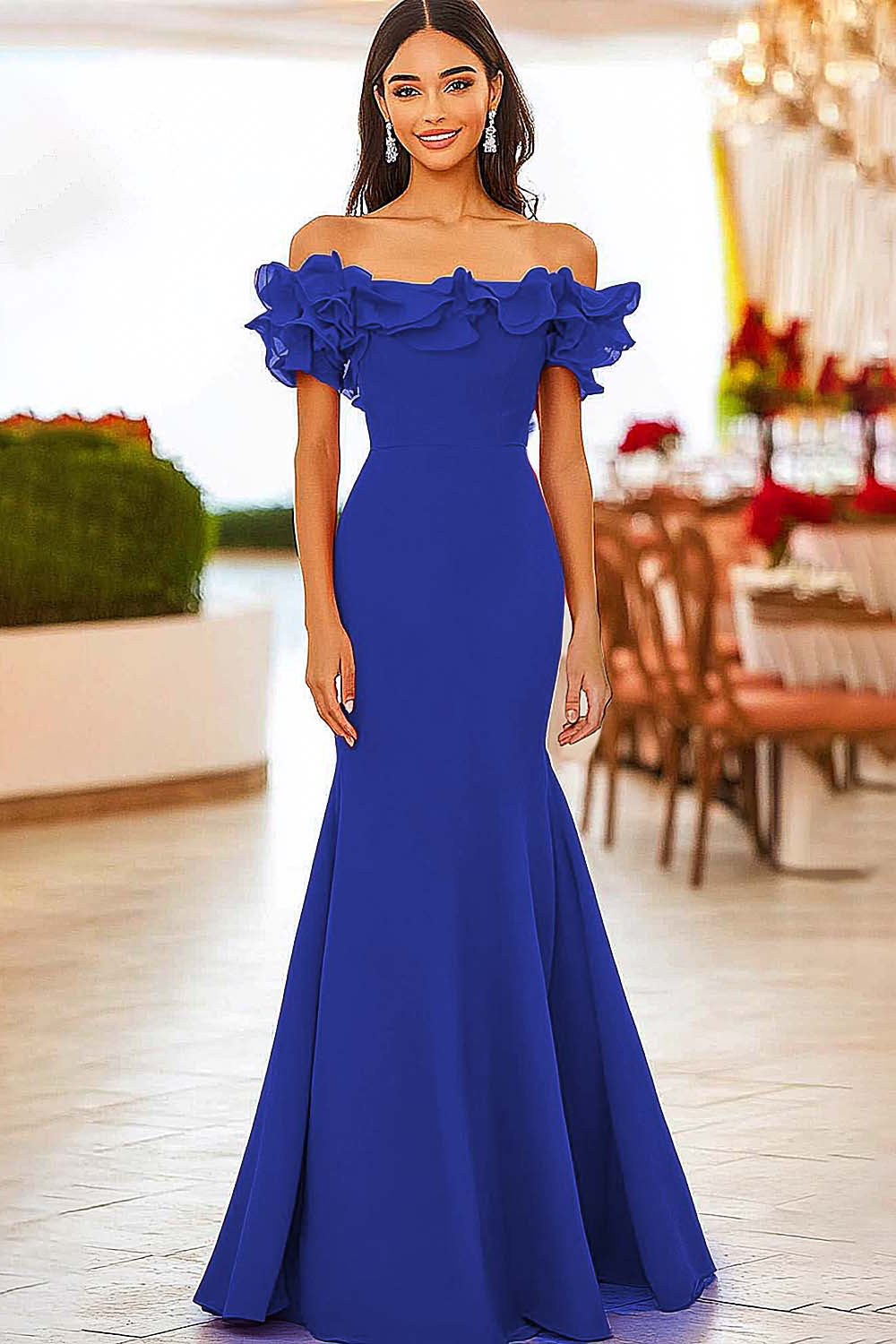 Red Off the Shoulder Mermaid Ruffled Formal Dress