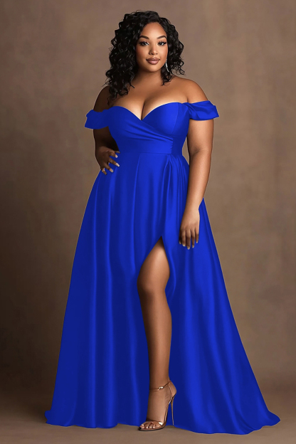 Navy Plus Size Off the Shoulder Long Satin A Line Formal Dress with Slit