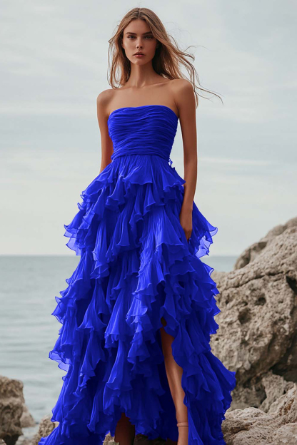 Fuchsia Tulle Strapless A Line Ruffled Long Formal Dress with Slit