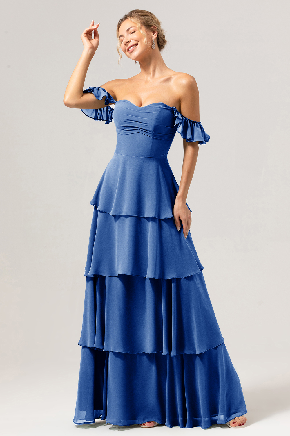 Eucalyptus Off the Shoulder Sweetheart Tiered A-Line Bridesmaid Dress