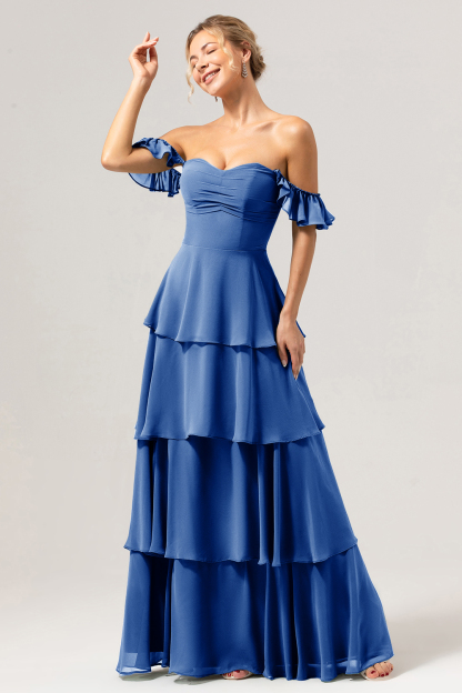 Eucalyptus Off the Shoulder Sweetheart Tiered A-Line Bridesmaid Dress