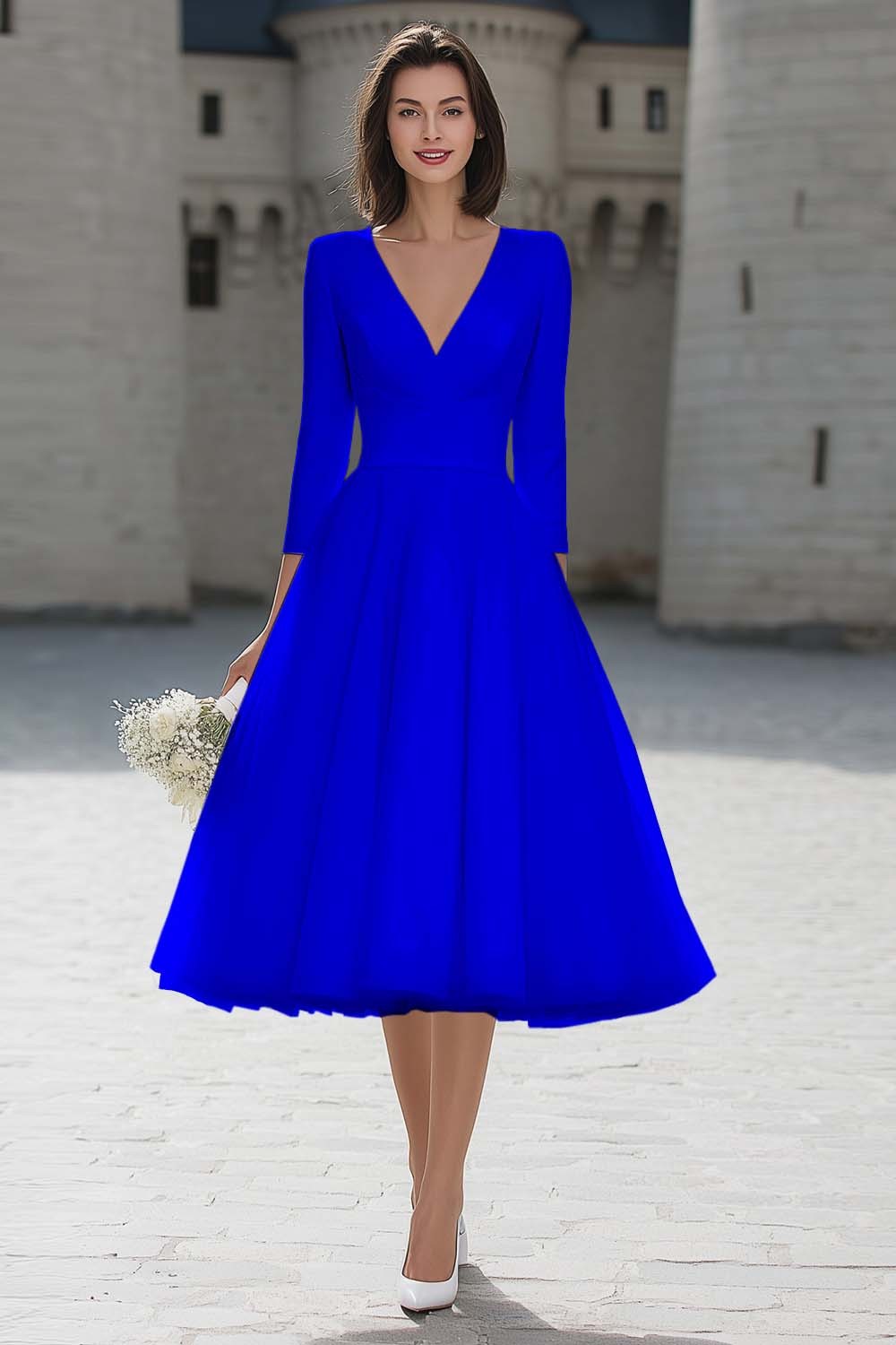 Ivory V-Neck A Line Midi Simple Wedding Dress with Sleeves