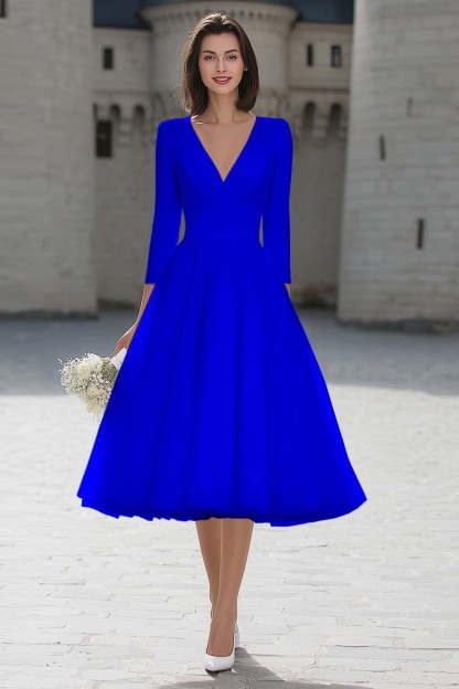 Ivory V-Neck A Line Midi Simple Wedding Dress with Sleeves