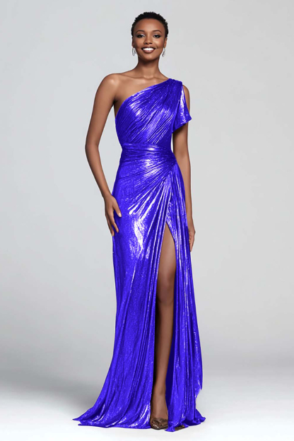 Brown Metallic One Shoulder Mermaid Long Formal Dress with Slit