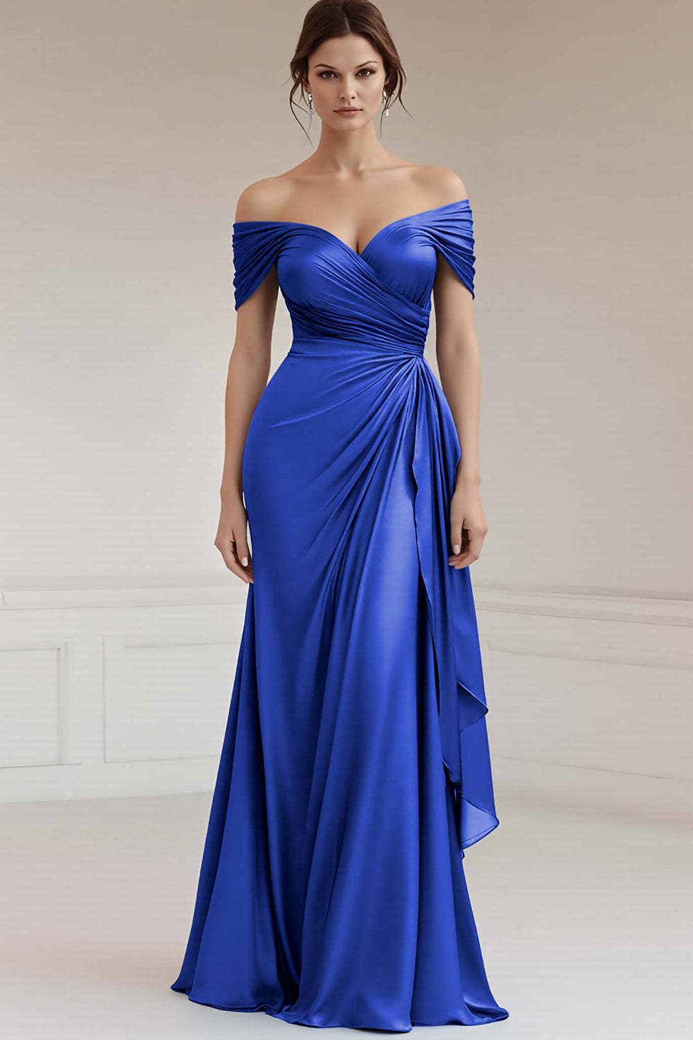 Maxi Grey Blue Off the Shoulder Sheath Ruched Satin Formal Dress