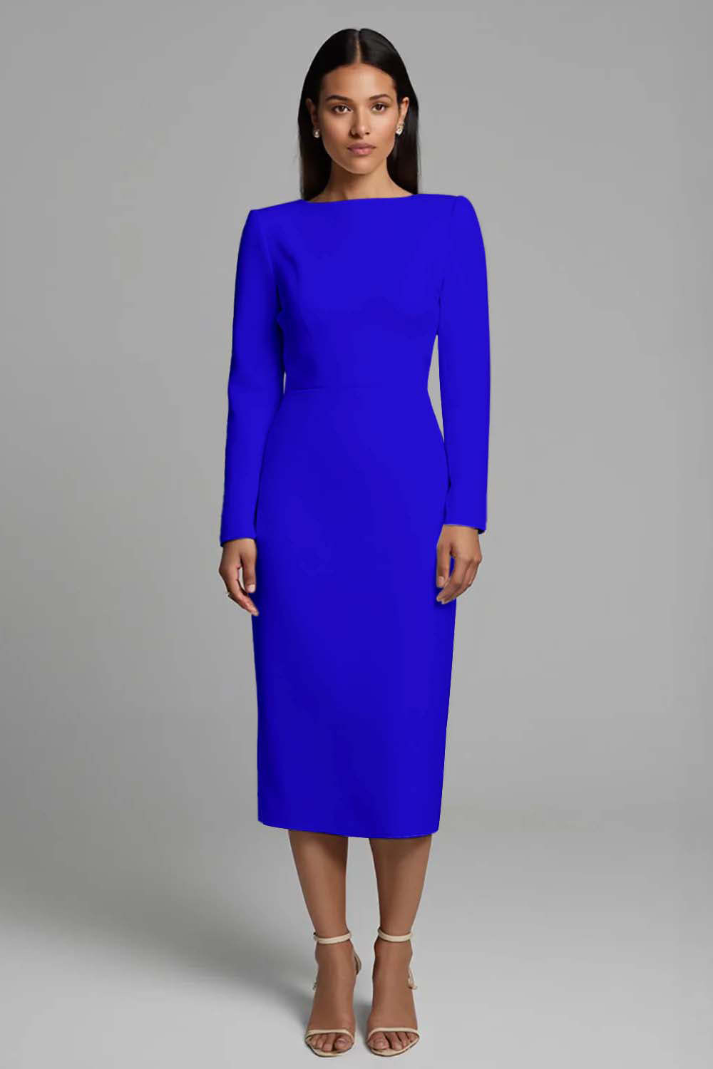 Simple Pencil Ivory Plus Size Bateau Neck Midi Work Dress with Slit