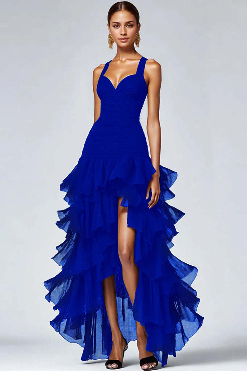 Black Spaghetti Straps Ruffled Long Formal Dress with Slit