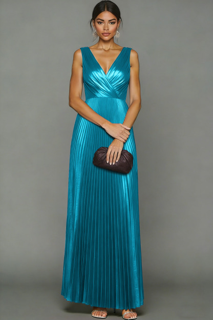 Fuchsia Pleated A Line Metallic V-Neck Maxi Evening Dress