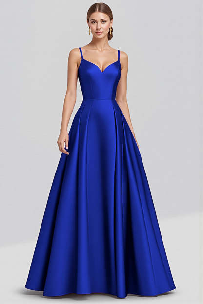 Black A Line Satin Spaghetti Straps Maxi Formal Dress