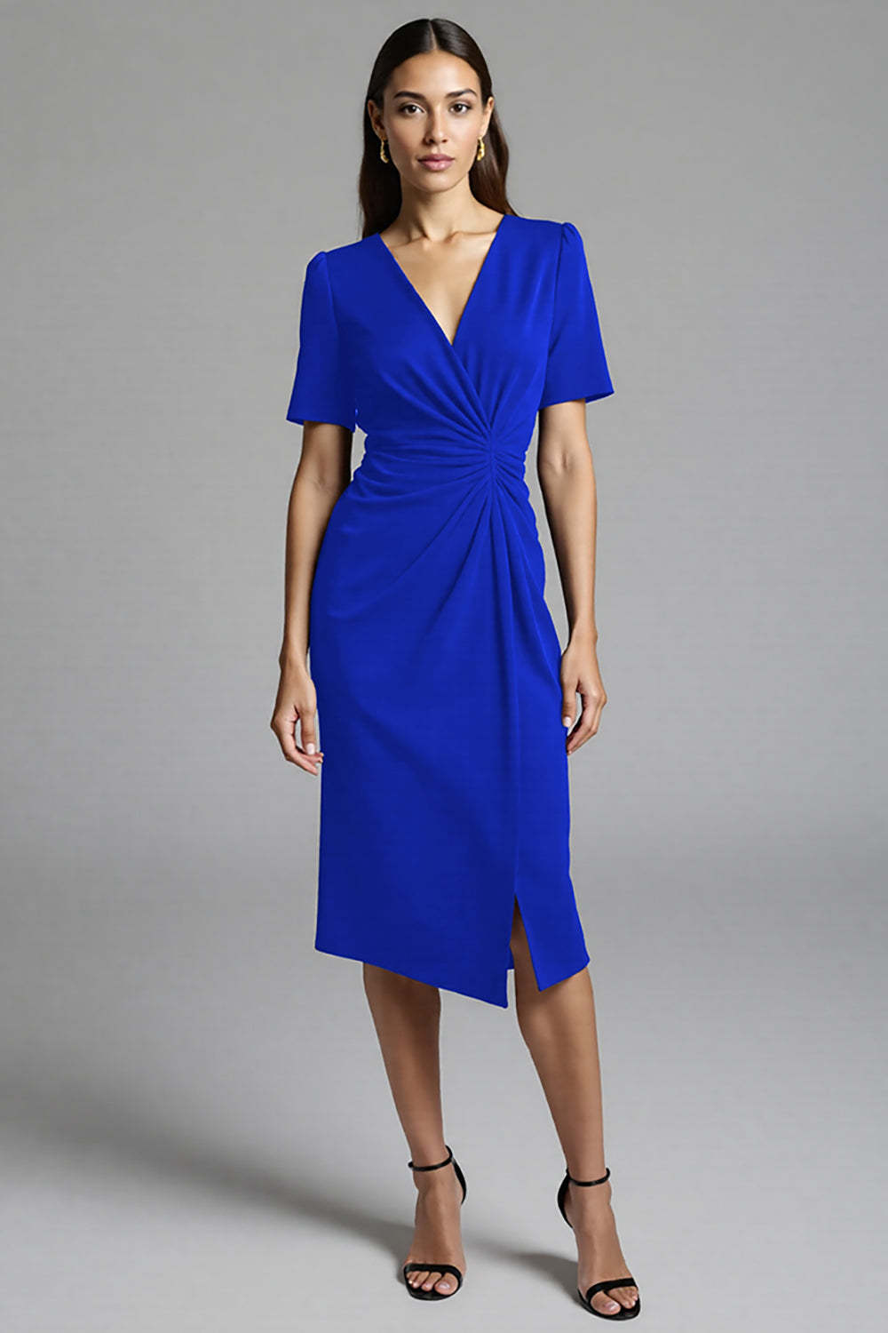 Royal Blue V-Neck Bodycon Midi Satin Work Dress with Sleeves