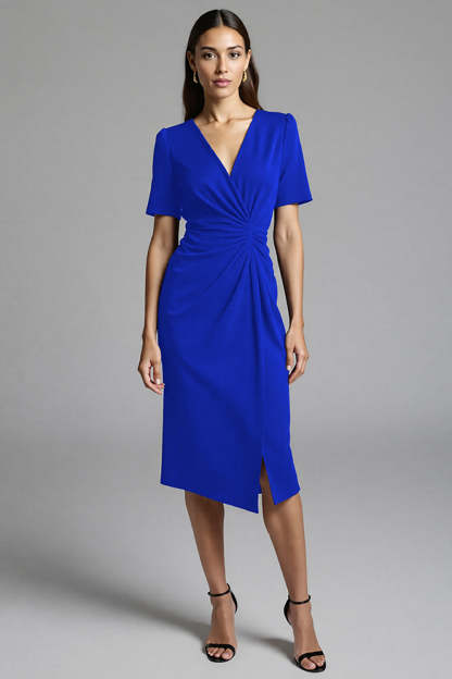 Royal Blue V-Neck Bodycon Midi Satin Work Dress with Sleeves
