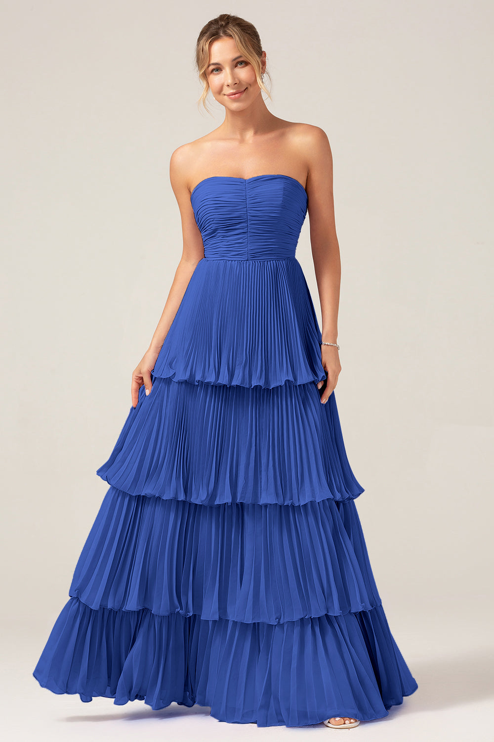 Sky Blue A Line Strapless Pleated Tiered Bridesmaid Dress