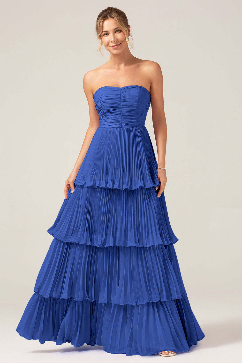Sky Blue A Line Strapless Pleated Tiered Bridesmaid Dress