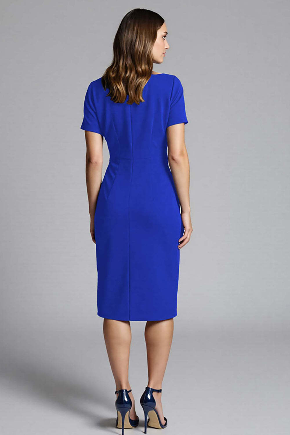 Royal Blue Bateau Neck Ruched Bodycon Midi Satin Work Dress