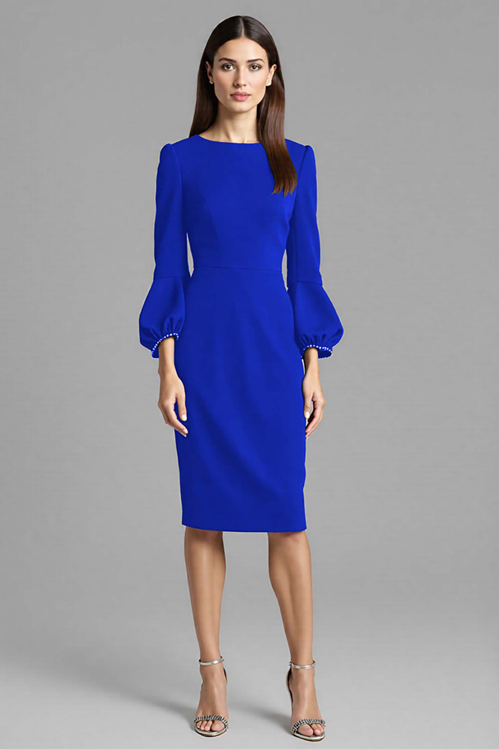 Royal Blue Bodycon Satin Bateau Neck Midi Work Dress