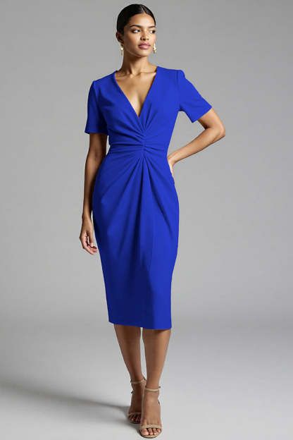 Tahiti V-Neck Bodycon Midi Satin Work Dress with Sleeves