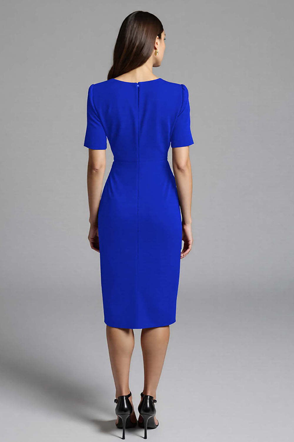 Royal Blue V-Neck Bodycon Midi Satin Work Dress with Sleeves