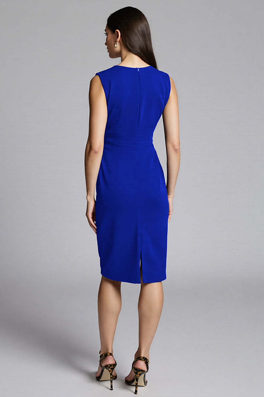 Royal Blue Satin V-Neck Midi Bodycon Work Dress