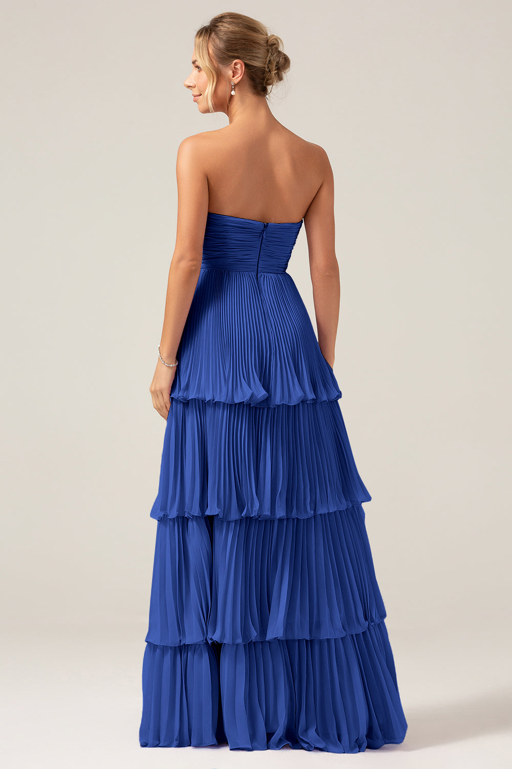 Sky Blue A Line Strapless Pleated Tiered Bridesmaid Dress
