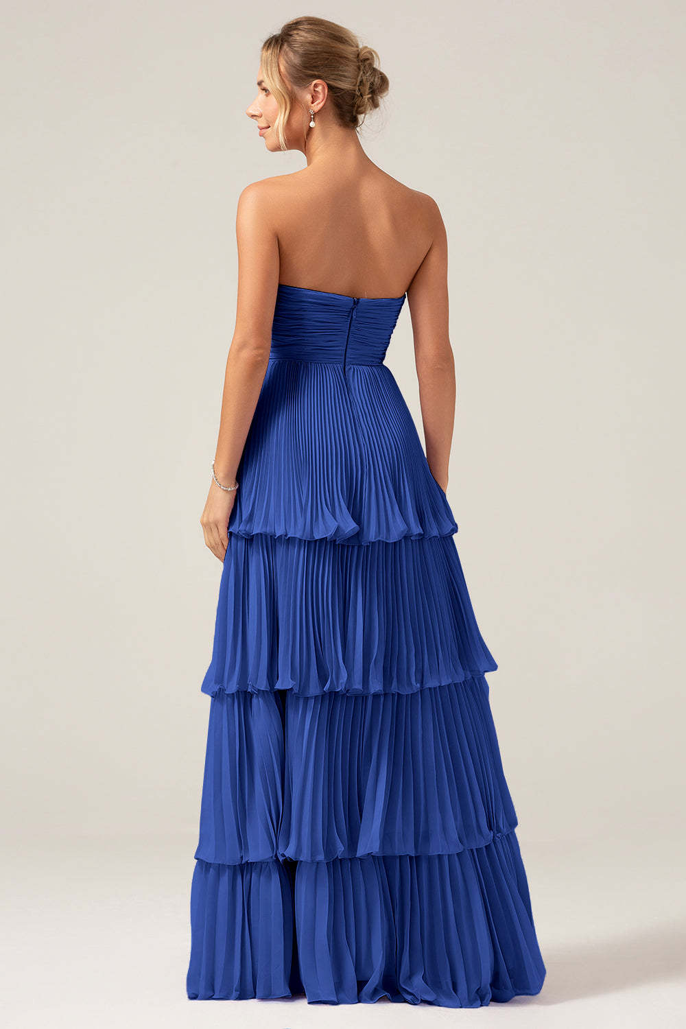 Sky Blue A Line Strapless Pleated Tiered Bridesmaid Dress