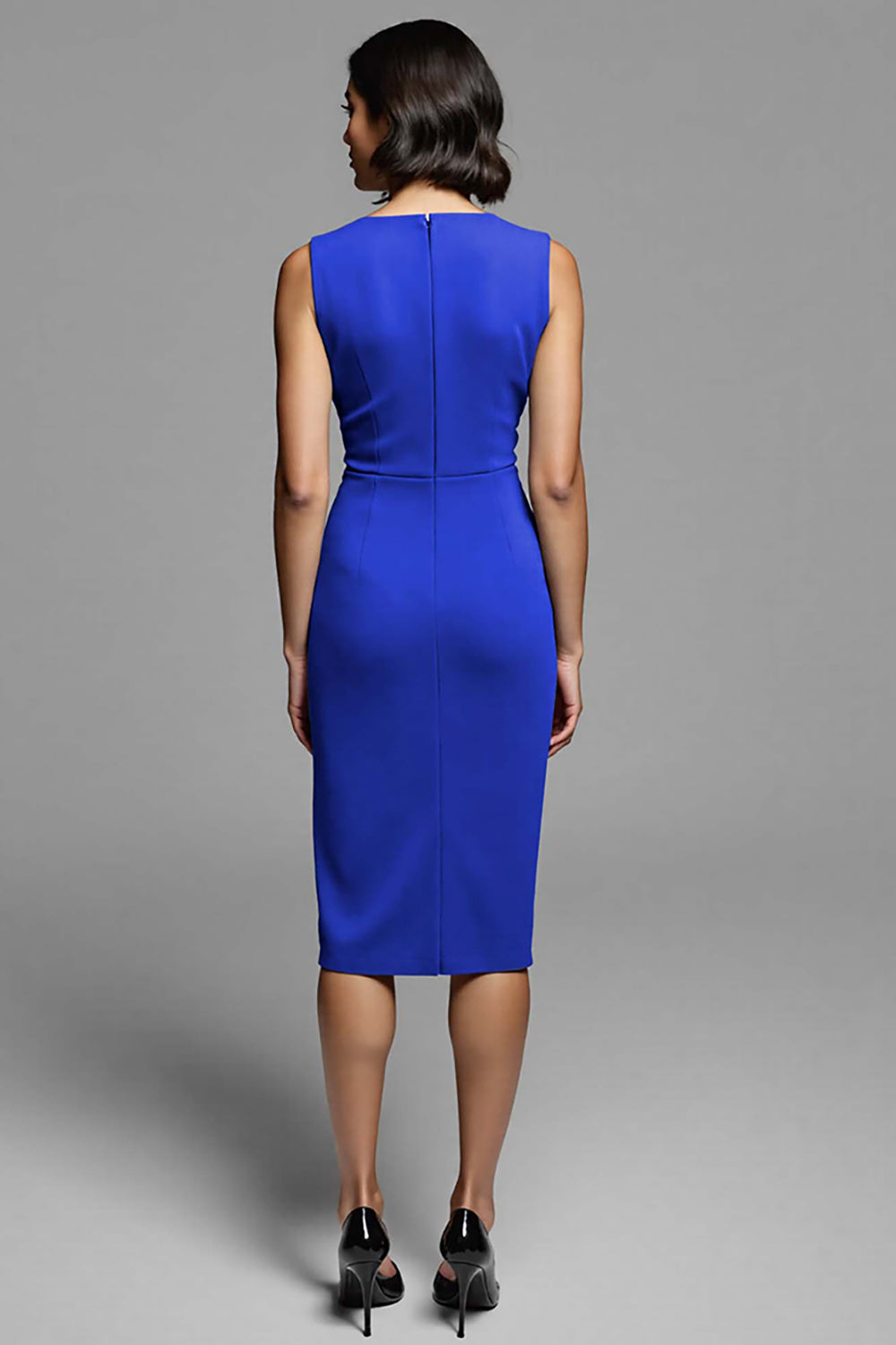 Royal Blue Satin Bodycon Ruched Midi Work Dress with Slit