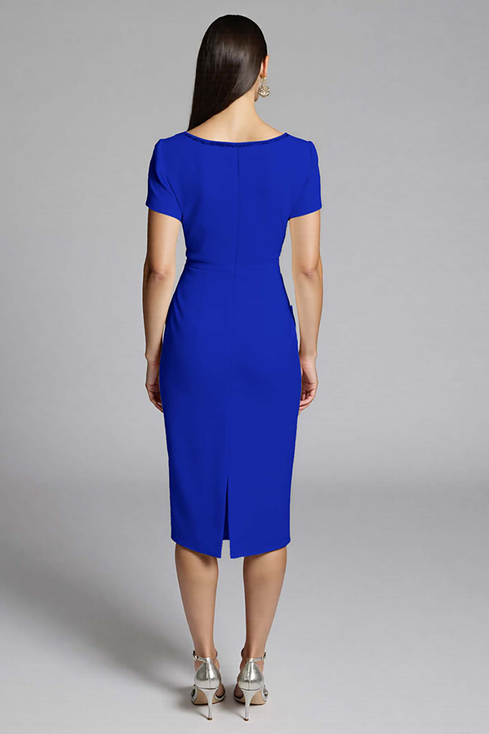 Royal Blue Ruffled Bodycon Satin Midi Work Dress