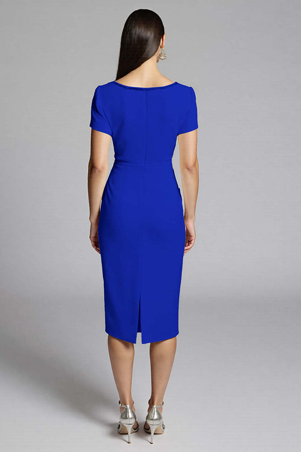 Royal Blue Ruffled Bodycon Satin Midi Work Dress