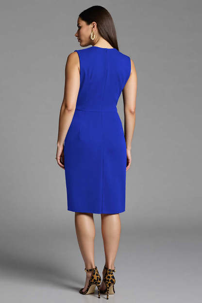 Royal Blue Bodycon Satin V-Neck Midi Work Dress with Sash