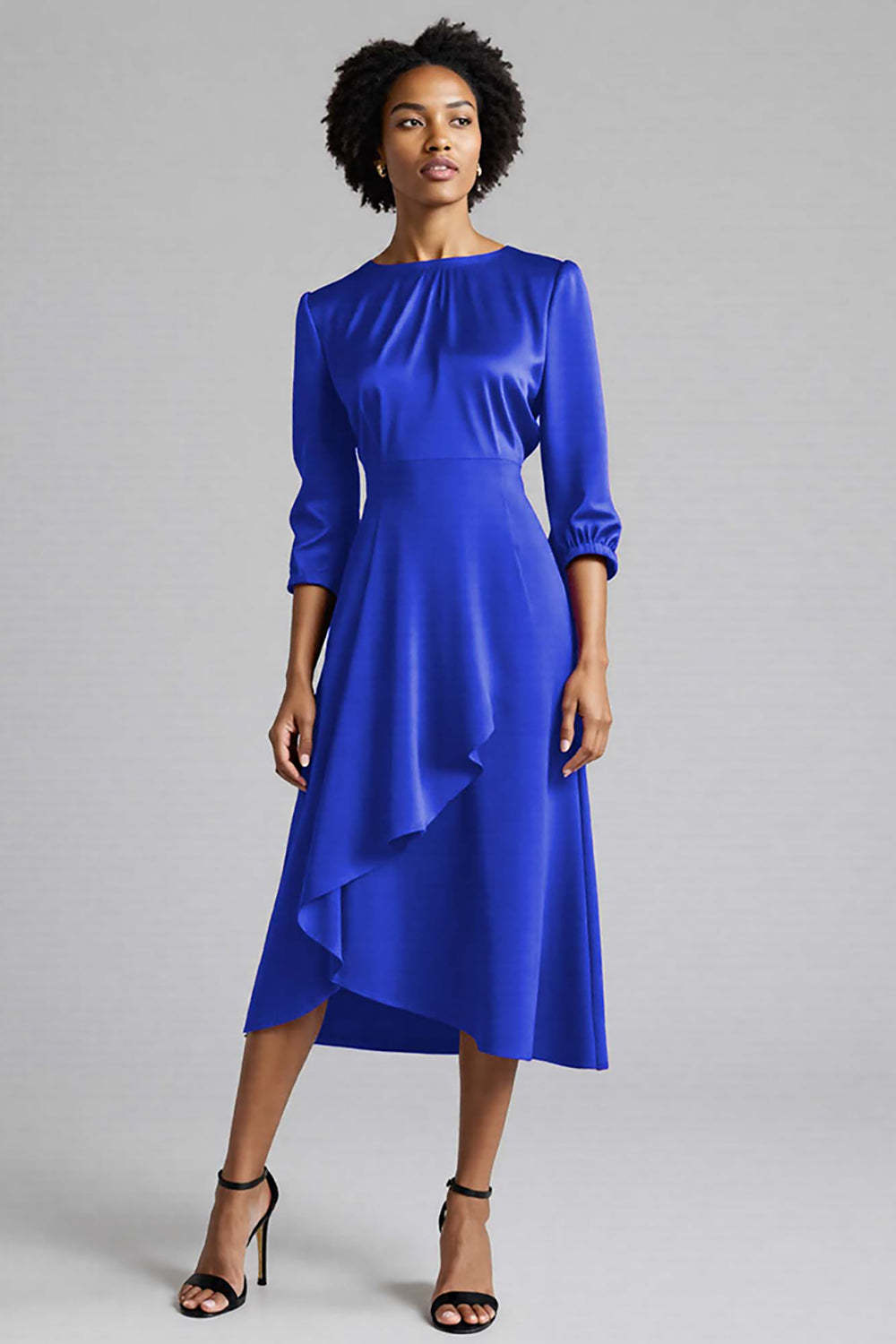 Royal Blue A Line Satin Midi Work Dress with Sleeves