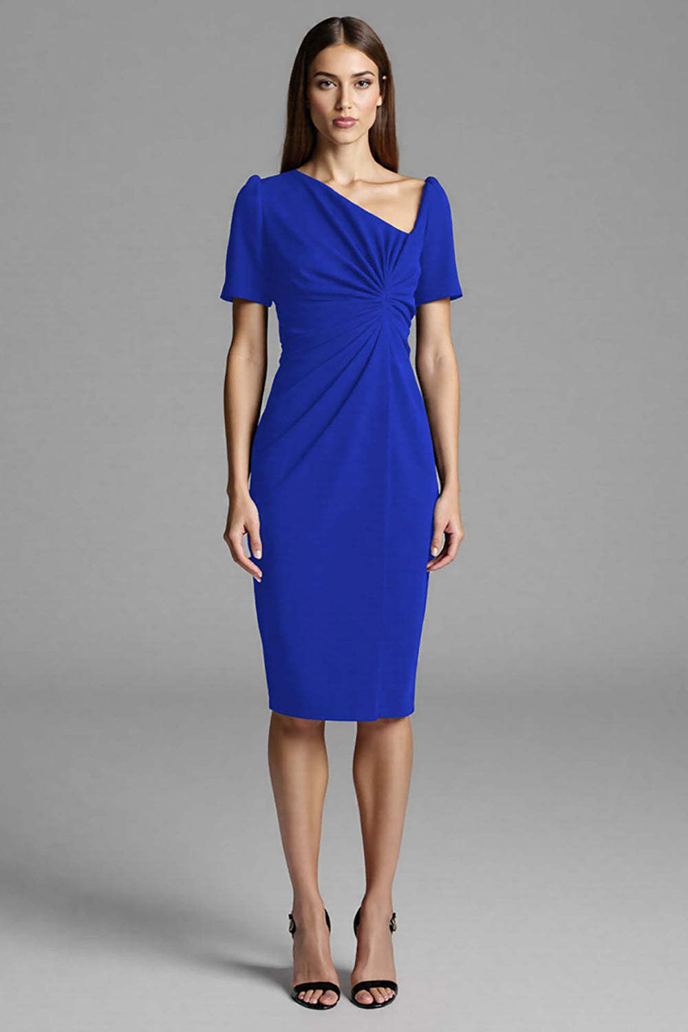Leely Women Royal Blue Bodycon Satin Midi Work Dress Asymmetrical Neck Ruched Semi Formal Dress with Sleeves