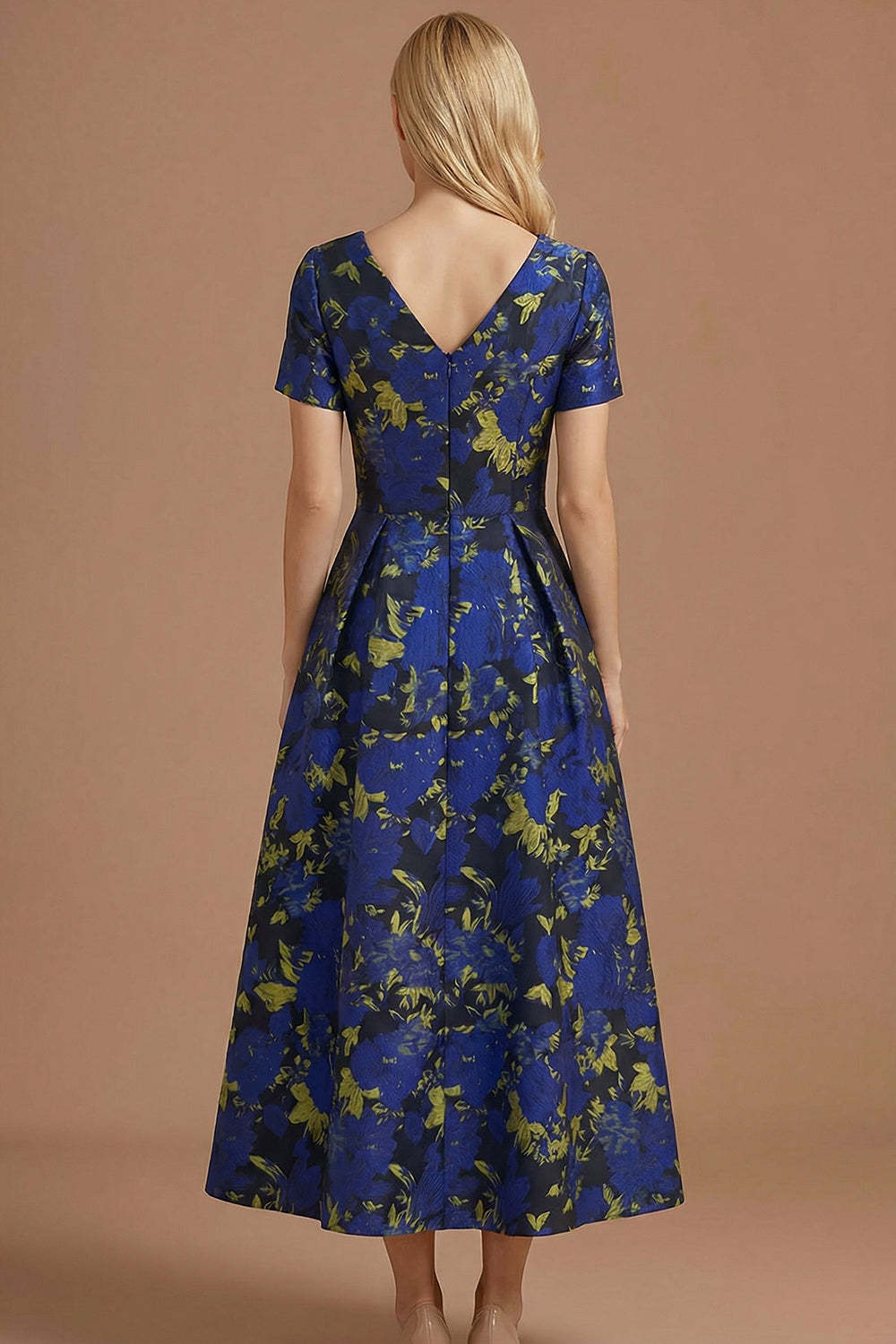 A Line Blue Daffodil Floral Jacquard V Neck Maxi Prom Dress