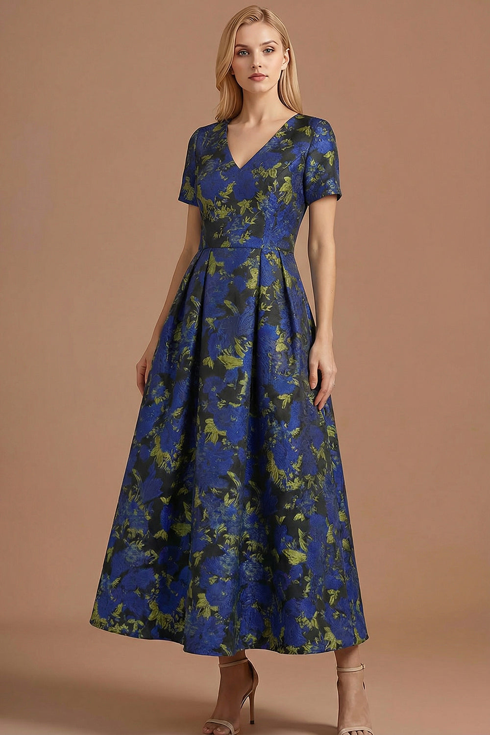 A Line Blue Daffodil Floral Jacquard V Neck Maxi Prom Dress