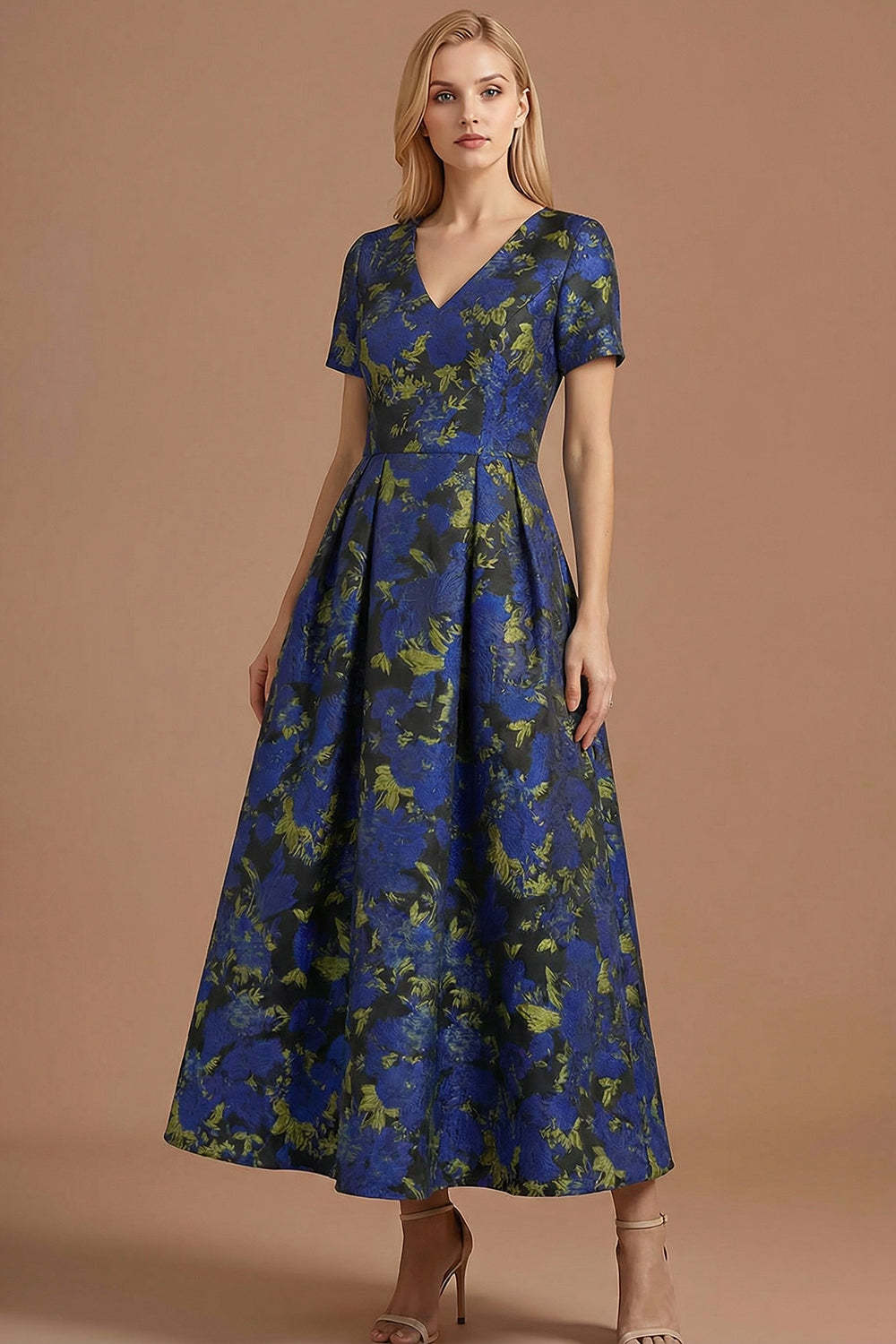 A Line Blue Daffodil Floral Jacquard V Neck Maxi Prom Dress