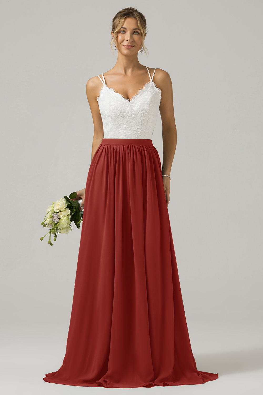 Eucalyptus A-Line Spaghetti Straps Pleated Long Bridesmaid Dress With Lace