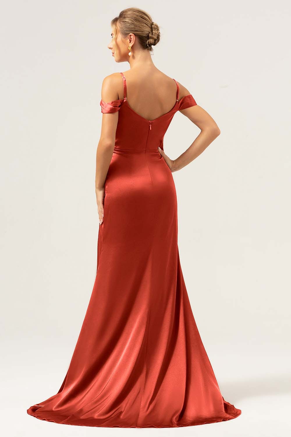 Coffee Cold Shoulder Satin Mermaid Wedding Party Dress with Slit