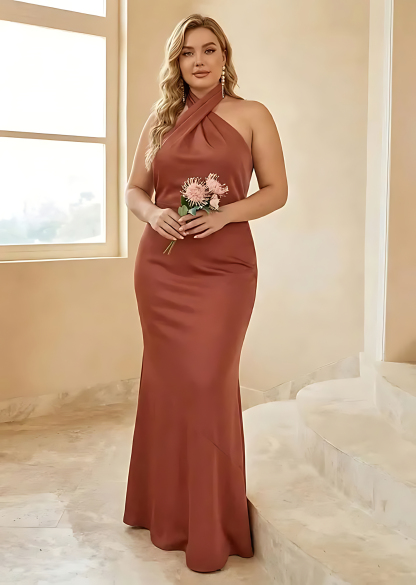 Plus Size Elegant Mermaid Brown Halter Backless Bridesmaid Dress