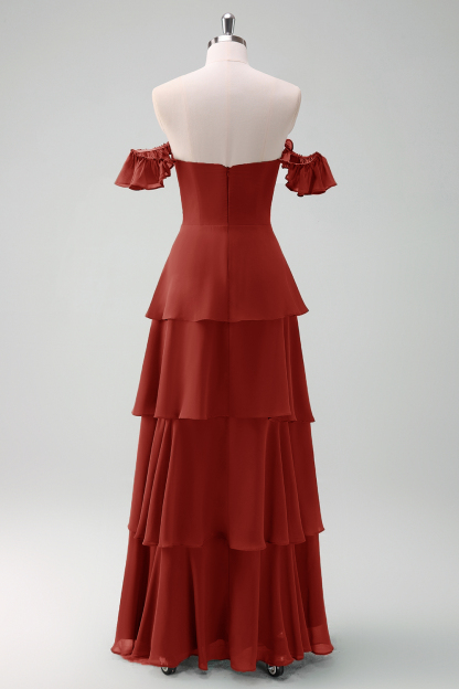 Eucalyptus Off the Shoulder Tiered Chiffon Bridesmaid Dress