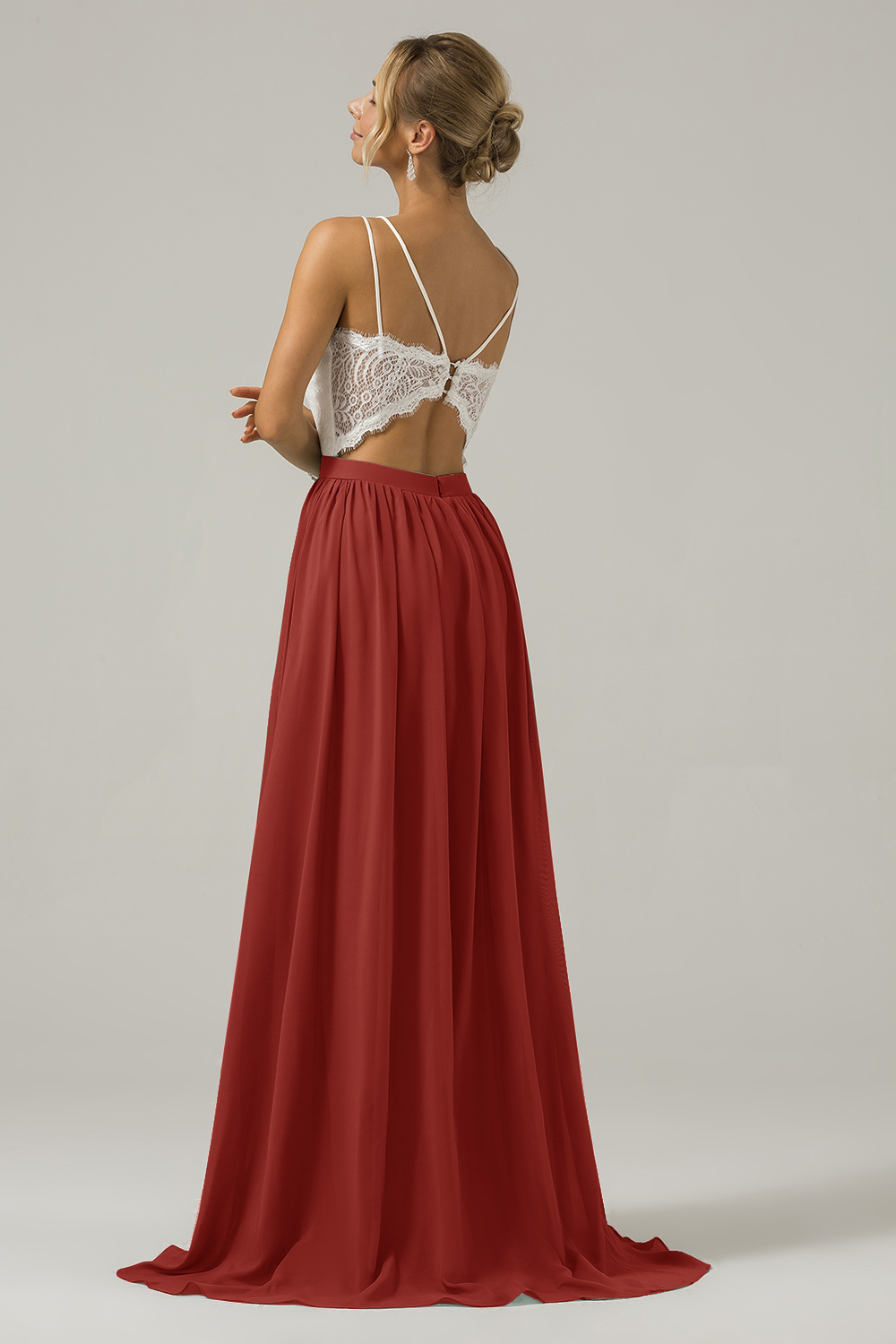 Eucalyptus A-Line Spaghetti Straps Pleated Long Bridesmaid Dress With Lace