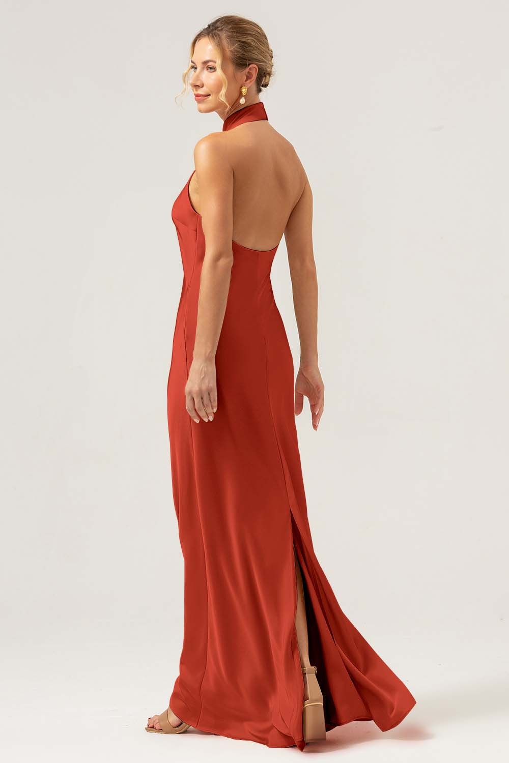 Champagne Halter Mermaid Satin Wedding Guest Dress with Back Slit
