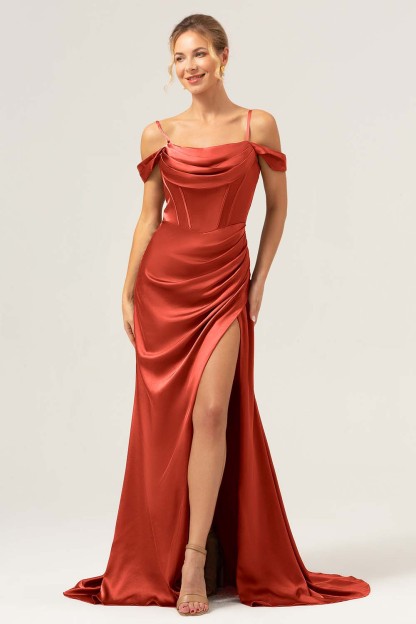 Coffee Cold Shoulder Satin Mermaid Wedding Party Dress with Slit