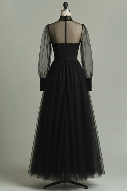 Black Tulle High Neck Long A Line Formal Dress with Sleeves