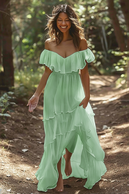 White Chiffon Ruffled Off the Shoulder Boho Maxi Wedding Dress