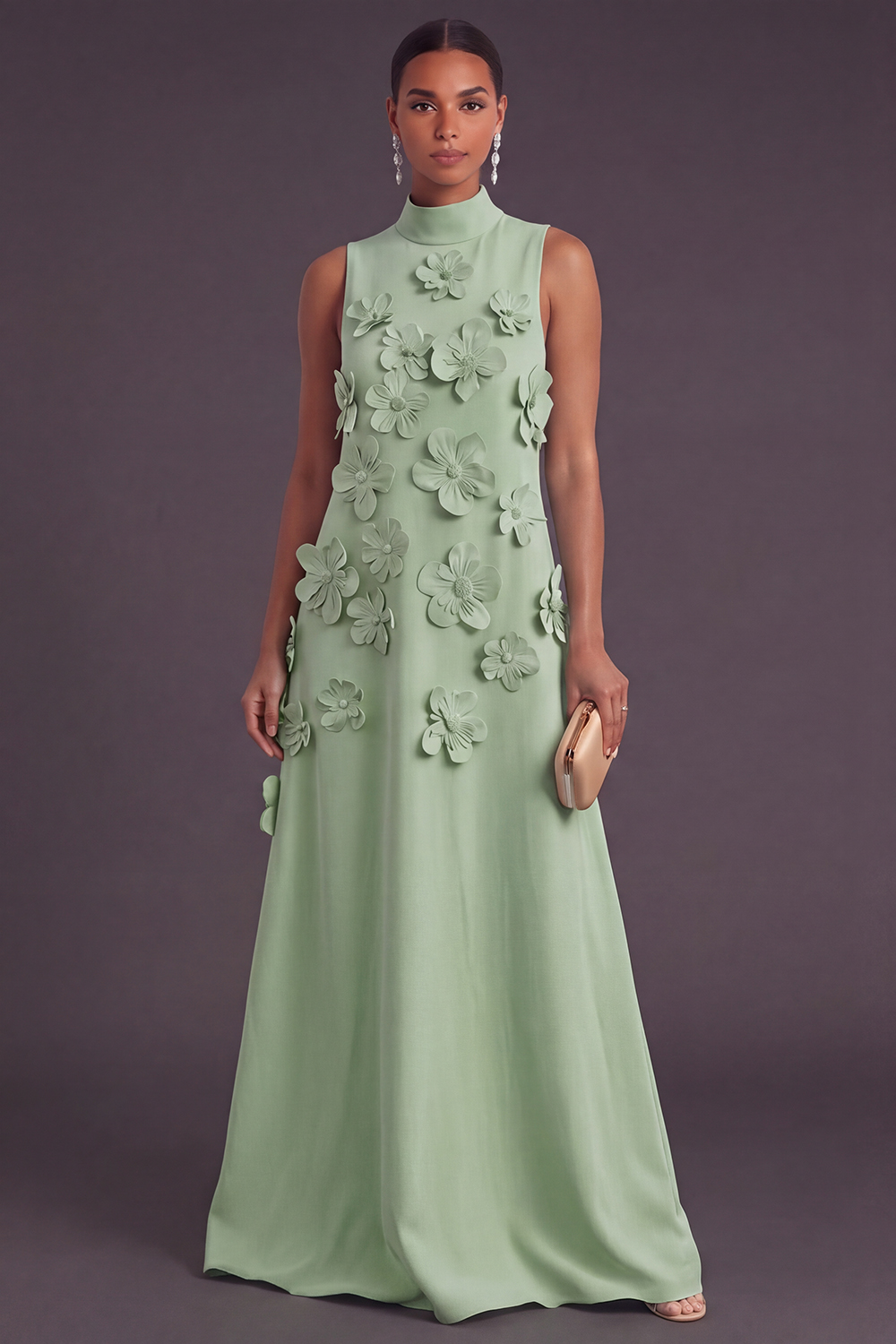 Blue Floral High Neck A Line Long Formal Dress